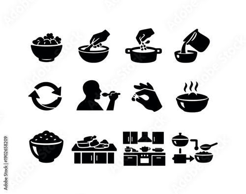 Cooking Process. Solid icon set of Cooking Process: ingredient bowl, stirring hand, adding herbs, pouring broth, mixing motion arrows,