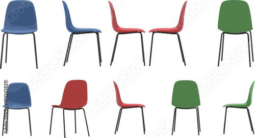 Vector illustration of ten plastic chairs with metal legs in blue, red, and green colors, shown from front, side, and back perspectives for design comparison.