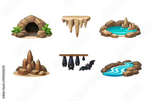 Collection of cartoon cave elements including entrance, stalactites, pool, rocks, bats, and stream