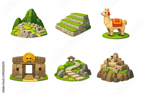 Collection of cartoon Inca civilization elements including Machu Picchu and llama