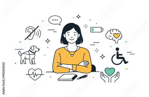 Inclusive Work Environment. Supporting invisible disabilities. An editorial transition scene where subtle accommodation icons align naturally around a calm,