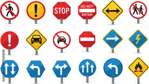 Assortment of red and yellow traffic signs on white background road sign stop sign