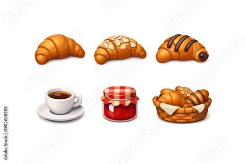 Delicious breakfast assortment with croissants, coffee, and jam on a white background