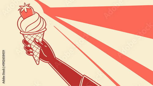 Hand holding colorful ice cream cone with strawberry topping