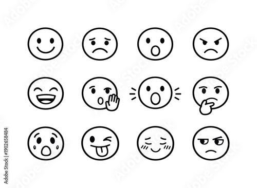 Face Reactions. Line icon set of Face Reactions: happy face, sad face, shocked face, angry face, laughing face, whispering face, shouting