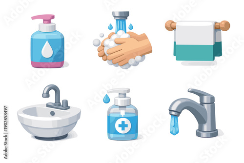 Hygiene and cleanliness icons: hand washing, soap, sanitizer, sink, faucet, and towel