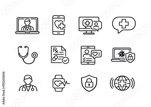 Telemedicine. Line icon set of telemedicine: video call with doctor, smartphone health app, remote consultation, medical chat bubble,