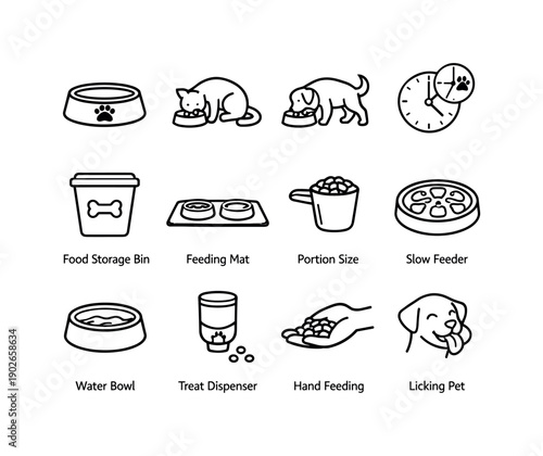 Pet Feeding Time. Line icon set of Pet Feeding Time: pet bowl, cat eating, dog eating, feeding schedule, food storage bin, feeding mat,