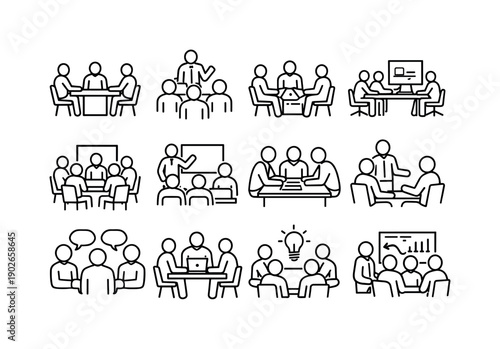 Office Team Meeting. Line icon set of Office Team Meeting: team around table, manager speaking, seated discussion, collaborative workspace,