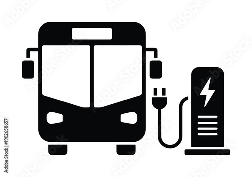Electric bus icon charging from vector depiction of station