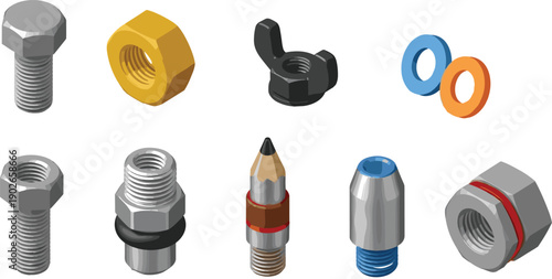 Isometric set of industrial fasteners including bolts, nuts, washers and threaded components isolated on white background for engineering use