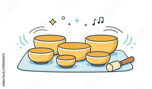 Calm Singing Bowls. Sound healing bowls. A set of singing bowls arranged neatly on a soft mat, one with a wooden mallet resting nearby. Calm wellness scene