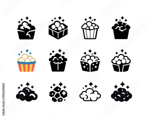 popcorn with sugar. Icon set. Set Logo of popcorn with sugar: popcorn with sparkling sugar crystals. harmonious logo variations of the same