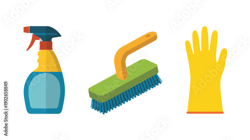 Cleaning Supplies in Flat Design with Bright Colors on White Background for Household
