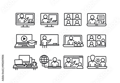 Virtual Learning Workshops. Line icon set of Virtual Learning Workshops: online classroom, teacher on screen, student video tiles, e-learning