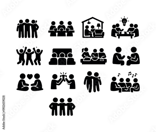 Friends lifestyle. Solid icon set of friends lifestyle: friends hanging out, group coffee break, shared apartment, creative collaboration,