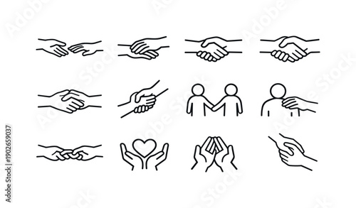 Human Connection. Line icon set of Human Connection: reaching hands connection, supportive contact, helping bridge hands, trust gesture