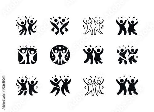 People celebrating. Icon set. Set Logo of people celebrating: dancing figures and streamers. harmonious logo variations of the same
