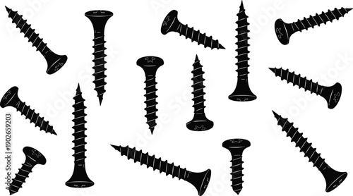 Set of black metal screws in various sizes and angles isolated on white background for construction, repair and industrial design use