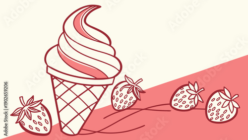 Delicious strawberry ice cream cone with fresh strawberries