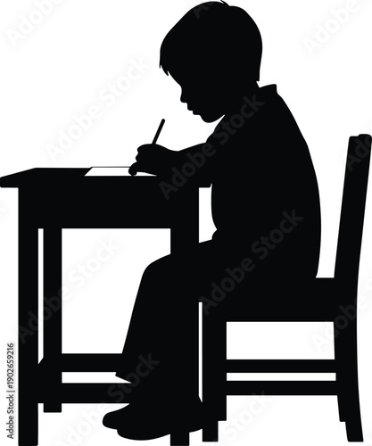 Black silhouette vector illustration of child seated at desk, writing on paper with pencil, symbolizing education, learning, concentration, and childhood academic development.