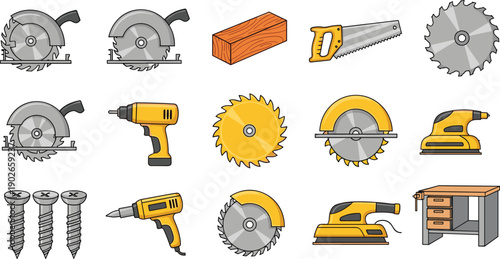 Isometric woodworking and construction tools set including circular saws, drill, screws, sanding machine and wooden block, carpentry equipment illustration