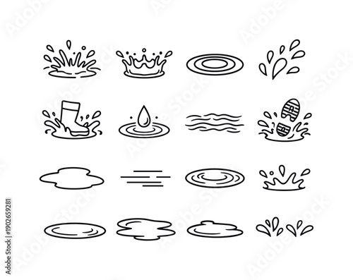 Splashing Puddle. Line icon set of Splashing Puddle: splash impact, water crown, ripple rings, flying droplets, boot splash, raindrop hit,