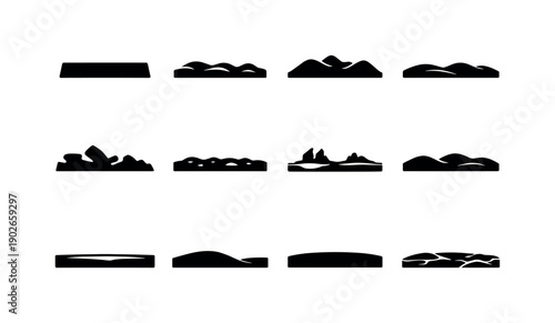 Snow landscape base. Solid icon set of Snow landscape base: flat snow field, uneven snow ground, snow hills base, snowy plain, arctic ground,