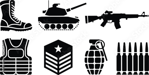 Various black military silhouettes featuring a tank, assault rifle, grenade, and protective gear elements