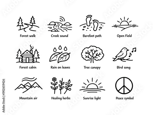 Nature healing retreat. Line icon set of Nature healing retreat: forest walk, creek sound, barefoot path, open field, forest cabin, rain on
