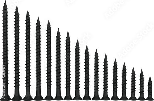 Isometric black construction screws set in different sizes, metal fasteners collection for woodworking, carpentry, hardware and industrial building projects