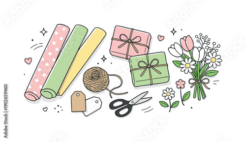 Gift wrapping spring. Soft pastel wrapping paper, twine and fresh flowers arranged on a clean surface, suggesting a light seasonal mood. Calm