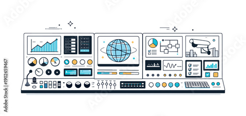Control room panels overview. Wide control room panels filled with screens, indicators, and calm status lights, showing centralized system