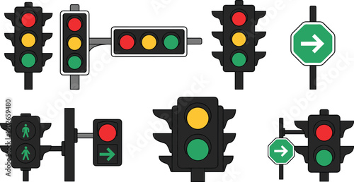 Assortment of traffic light signals and directional signs on white background traffic signal stop light
