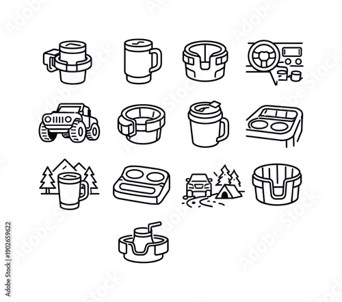 Outdoor Travel Cup Holder. Line icon set of Outdoor Travel Cup Holder: off-road cup holder, metal travel mug, rugged insert, jeep interior,