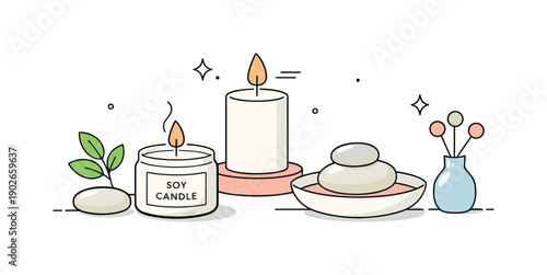 Minimal Candle Decor. Minimal candle decor. Soy candles placed on a surface with simple props, emphasizing warmth, balance, and calm. Clean modern editorial
