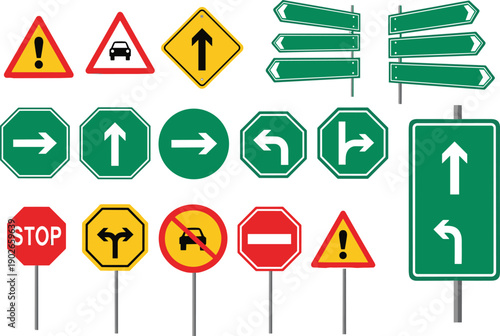 Assortment of traffic signs including stop, directional arrows, and warning symbols on a white background Keywords: traffic