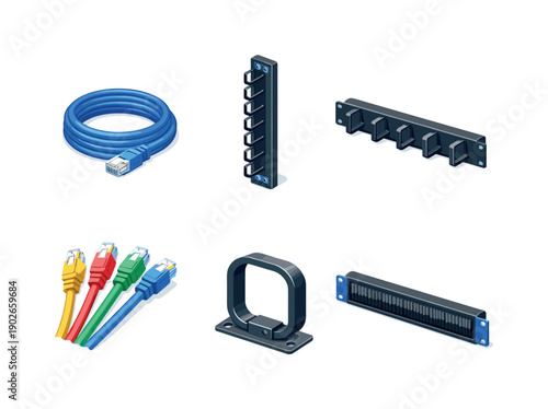 Server rack cables. Isometric flat vector icons set of server rack cables: coiled network cable, vertical cable organizer, horizontal cable