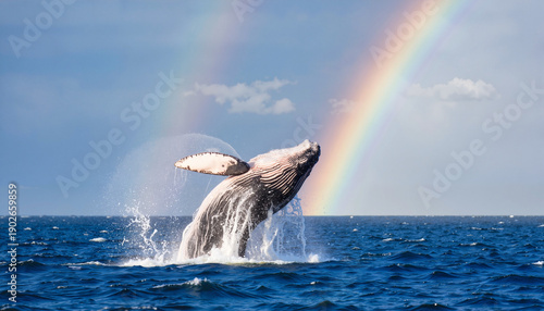 Whale breaching under rainbow in ocean, celebrating Whale Day