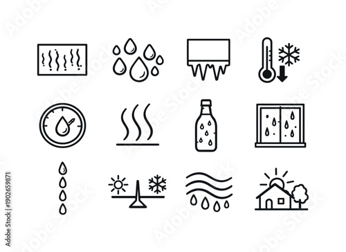 Condensation. Line icon set of Condensation: foggy glass, water beads, cooling surface, temperature drop arrow, humid gauge, vapor lines,