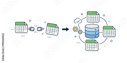 Spreadsheet Source Reconnection. Reconnecting spreadsheet sources. An editorial transition scene where disconnected spreadsheet icons gradually link back to a
