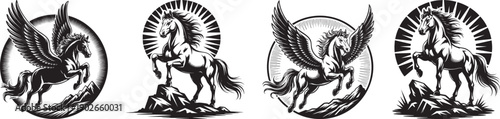 winged pegasus emblem illustrations in vintage circular engraving style