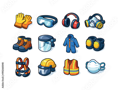 Personal protection. Colorful isometric vector icons set of personal protection: safety gloves, protective goggles, ear defenders, respirator