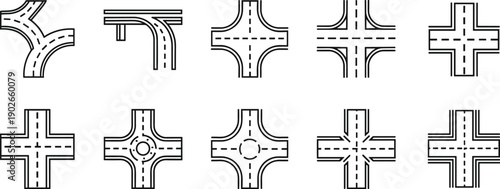 Collection of road intersection and junction line art icons Keywords: intersection, junction, road, highway, traffic, street