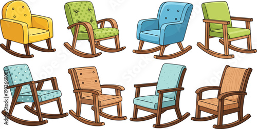 Set of 8 cartoon rocking chair icons showing varied designs, colors, and materials including cushioned, patterned, and wooden frames