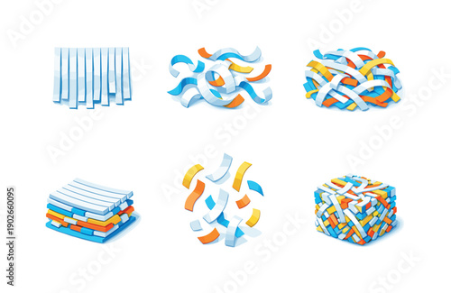 Paper shredder strips. Isometric flat vector icons set of paper shredder strips: straight shredded paper strips, curled paper strips, tangled