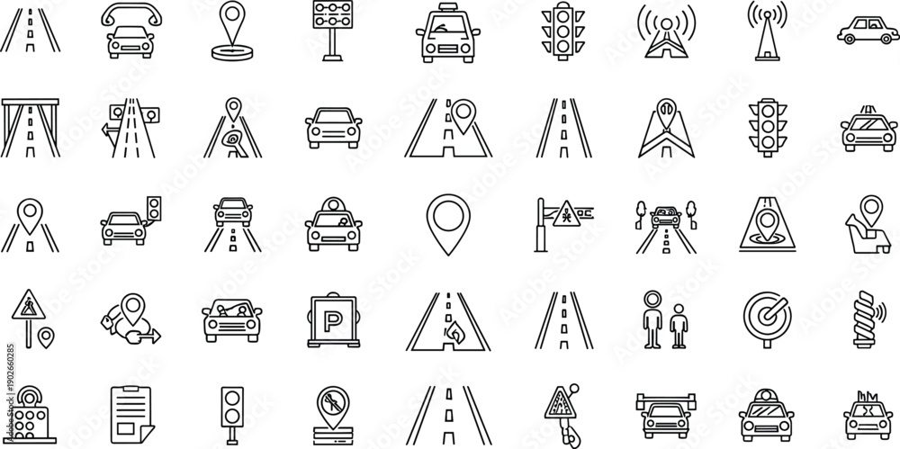 Fototapeta premium Icons for traffic, roads, navigation and urban transportation systems Keywords: traffic, road, navigation, transportation, car