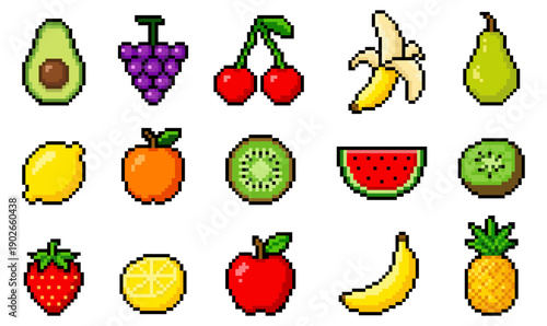 Pixel Art Fruits 8 Bit Illustration Vector Isolated Food Icon
