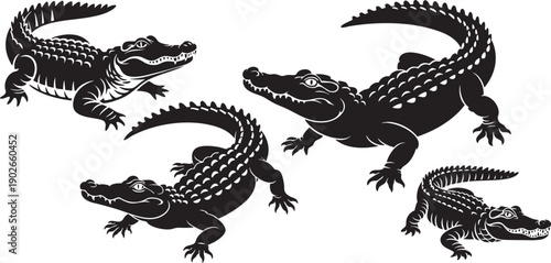 alligator and crocodile silhouettes set in bold black vector illustration style