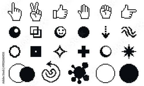 Monochrome Pixel UI Icons Set – Hand Cursor and Interface Symbols